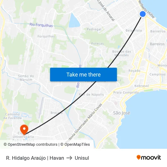 R. Hidalgo Araújo | Havan to Unisul map