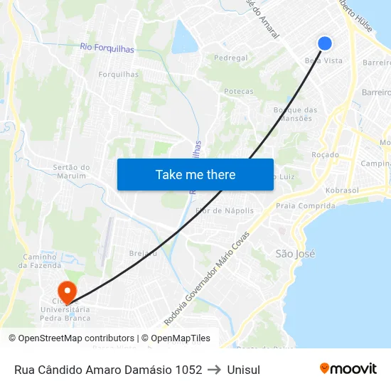 Rua Cândido Amaro Damásio 1052 to Unisul map