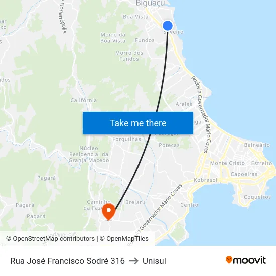Rua José Francisco Sodré 316 to Unisul map