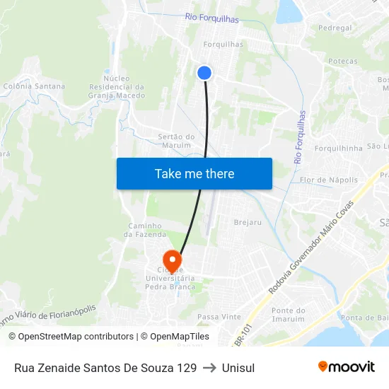 Rua Zenaide Santos De Souza 129 to Unisul map