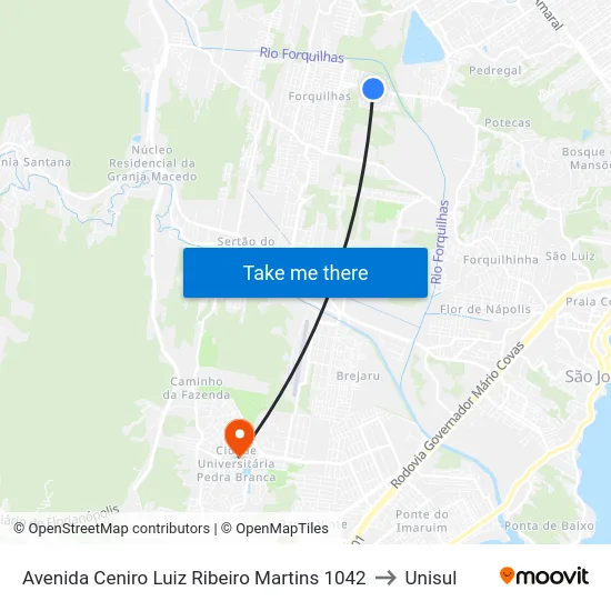 Avenida Ceniro Luiz Ribeiro Martins 1042 to Unisul map