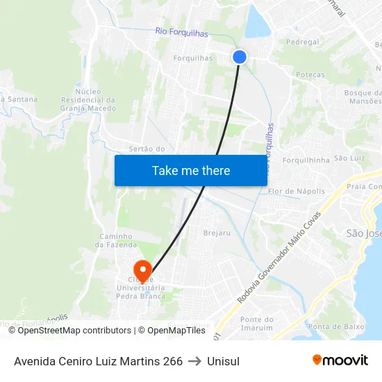 Avenida Ceniro Luiz Martins 266 to Unisul map