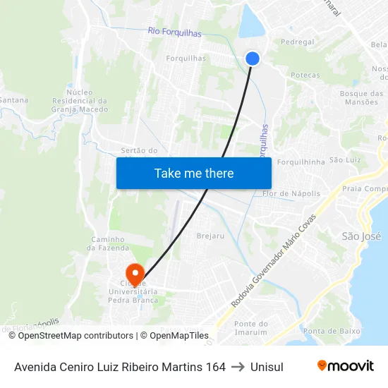 Avenida Ceniro Luiz Ribeiro Martins 164 to Unisul map
