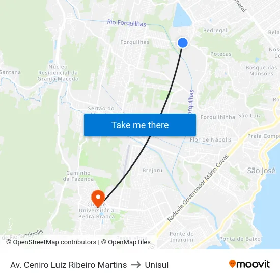 Avenida Ceniro Luiz Ribeiro Martins 253 to Unisul map