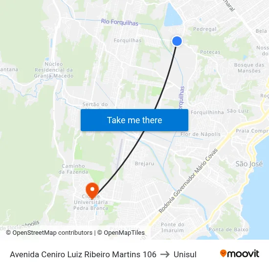 Avenida Ceniro Luiz Ribeiro Martins 106 to Unisul map