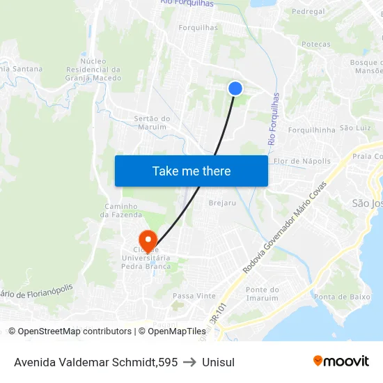 Avenida Valdemar Schmidt,595 to Unisul map