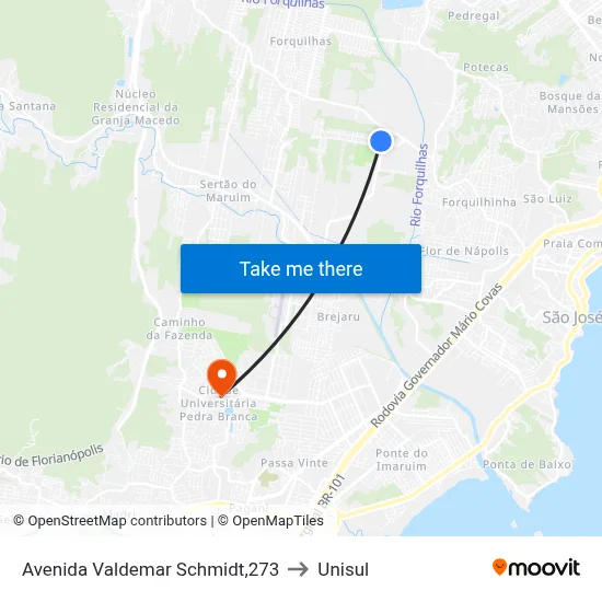 Avenida Valdemar Schmidt,273 to Unisul map