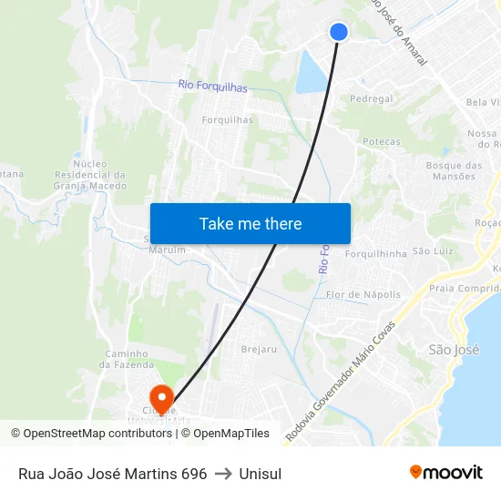 Rua João José Martins 696 to Unisul map