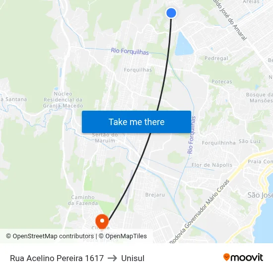 Rua Acelino Pereira 1617 to Unisul map