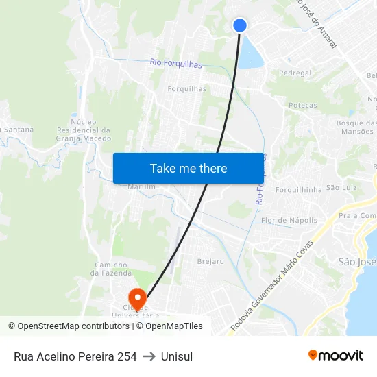 Rua Acelino Pereira 254 to Unisul map