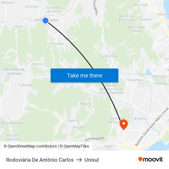 Rodoviária De Antônio Carlos to Unisul map