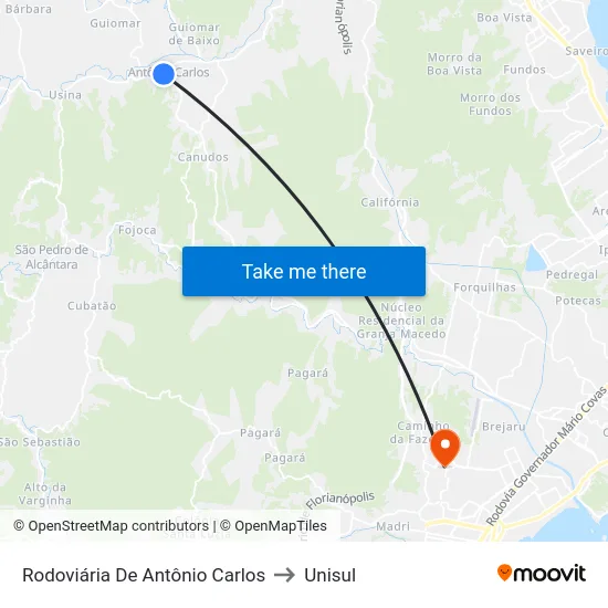 Rodoviária De Antônio Carlos to Unisul map