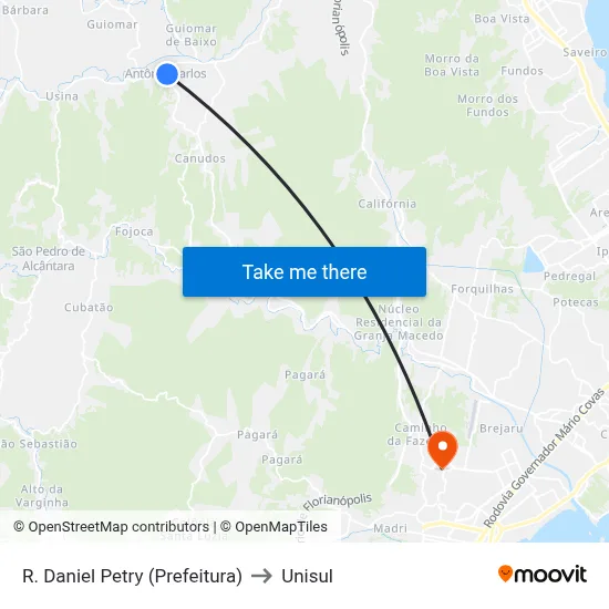 R. Daniel Petry (Prefeitura) to Unisul map
