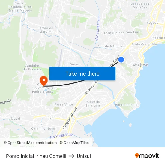 Ponto Inicial Irineu Comelli to Unisul map