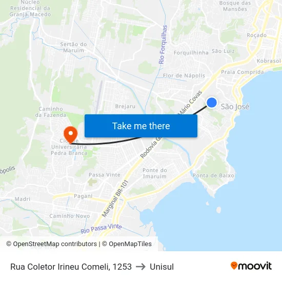 Rua Coletor Irineu Comeli, 1253 to Unisul map