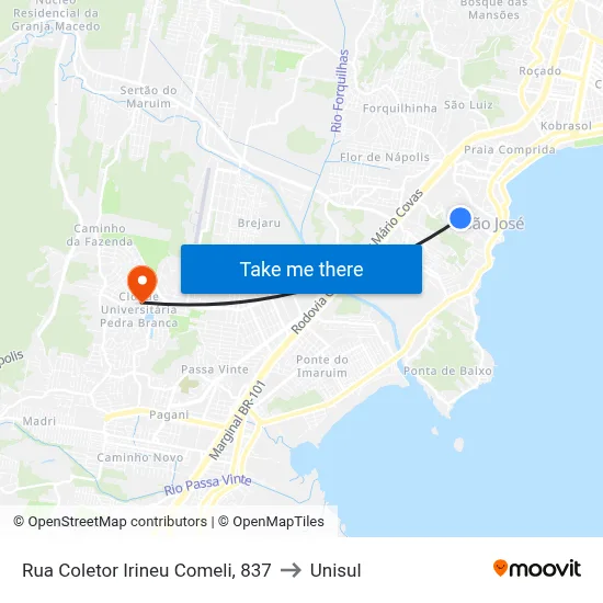 Rua Coletor Irineu Comeli, 837 to Unisul map
