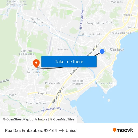 Rua Das Embaúbas, 92-164 to Unisul map