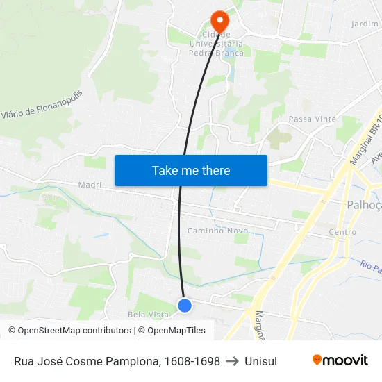 Rua José Cosme Pamplona, 1608-1698 to Unisul map