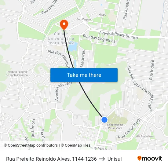 Rua Prefeito Reinoldo Alves, 1144-1236 to Unisul map