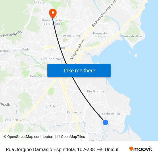 Rua Jorgino Damásio Espíndola, 102-288 to Unisul map