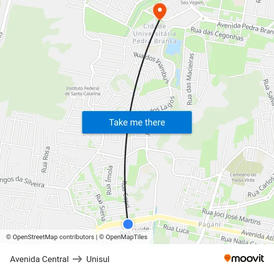 Avenida Central to Unisul map