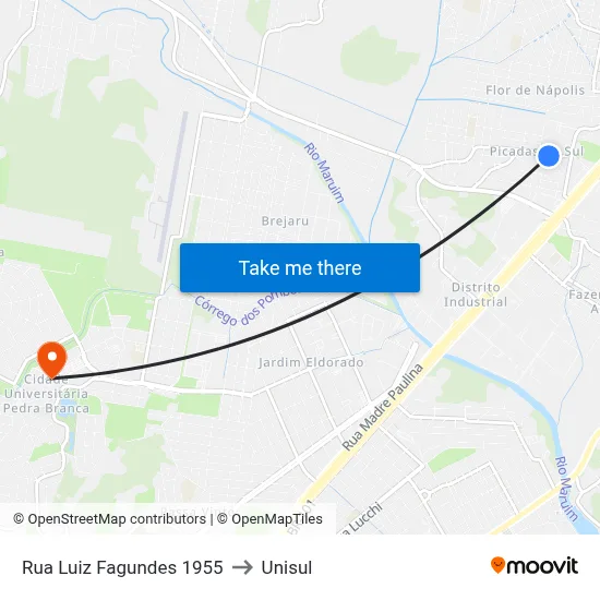 Rua Luiz Fagundes 1955 to Unisul map