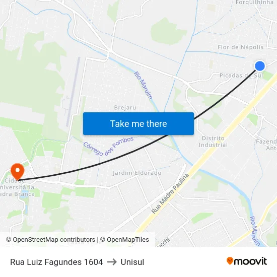 Rua Luiz Fagundes 1604 to Unisul map