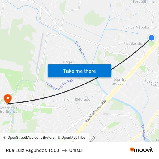 Rua Luiz Fagundes 1560 to Unisul map