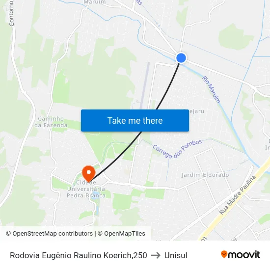 Rodovia Eugênio Raulino Koerich,250 to Unisul map