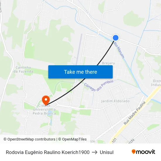 Rodovia Eugênio Raulino Koerich1900 to Unisul map
