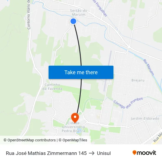 Rua José Mathias Zimmermann 145 to Unisul map