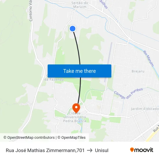 Rua José Mathias Zimmermann,701 to Unisul map