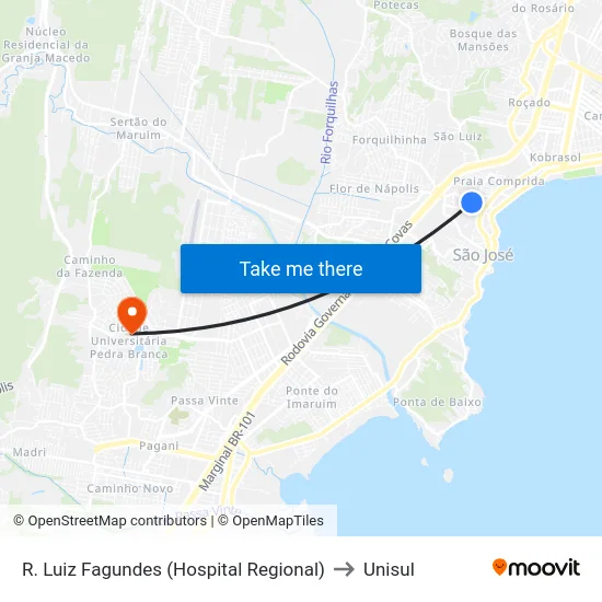 R. Luiz Fagundes (Hospital Regional) to Unisul map