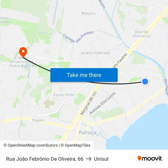 Rua João Febrônio De Oliveira, 66 to Unisul map