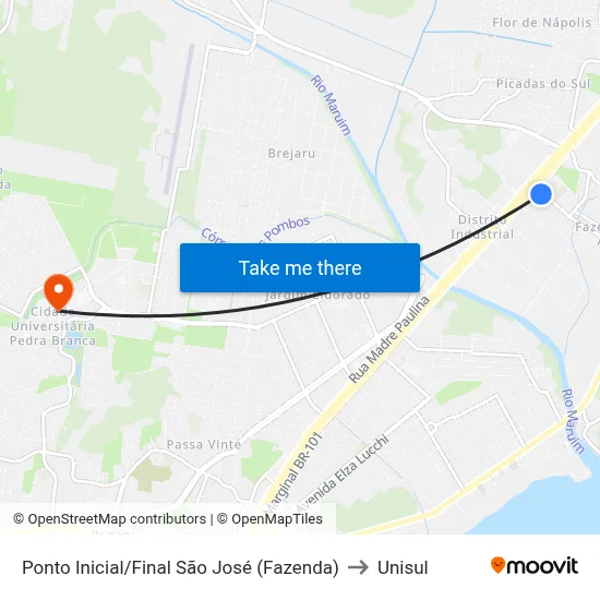 Ponto Inicial/Final São José (Fazenda) to Unisul map