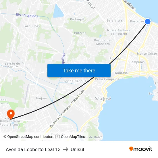 Avenida Leoberto Leal 13 to Unisul map