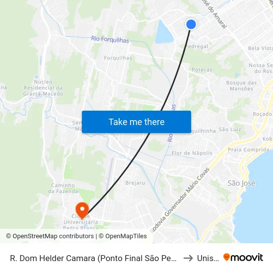 R. Dom Helder Camara (Ponto Final São Pedro) to Unisul map