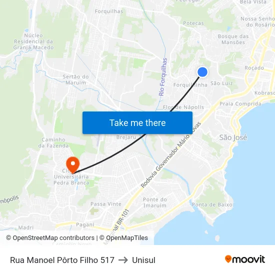 Rua Manoel Pôrto Filho 517 to Unisul map