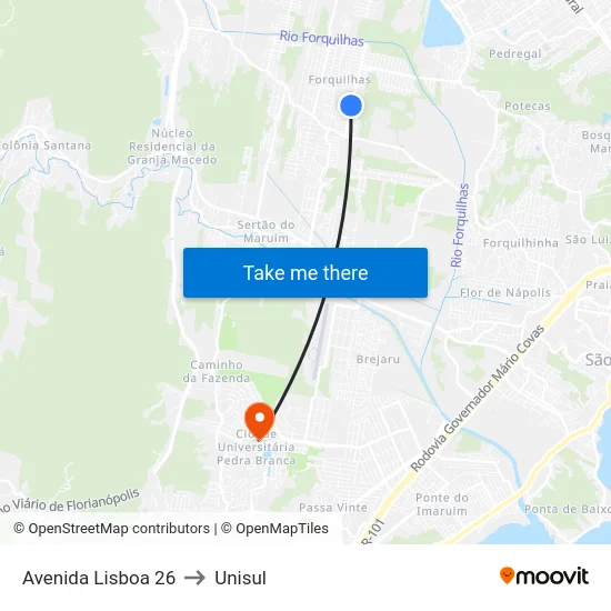 Avenida Lisboa 26 to Unisul map