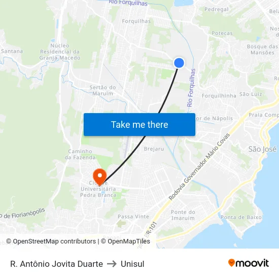 R. Antônio Jovita Duarte to Unisul map