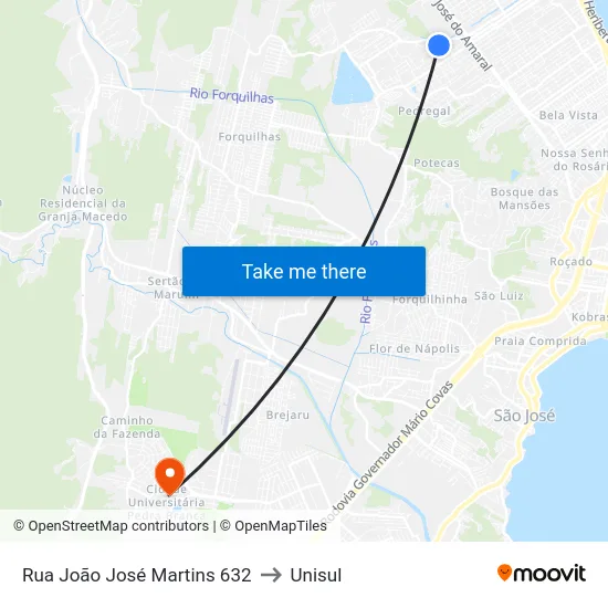 Rua João José Martins 632 to Unisul map
