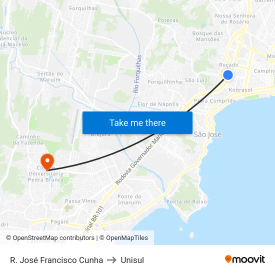R. José Francisco Cunha to Unisul map