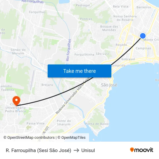 R. Farroupilha (Sesi São José) to Unisul map