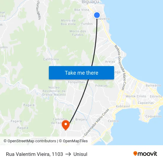 Rua Valentim Vieira, 1103 to Unisul map