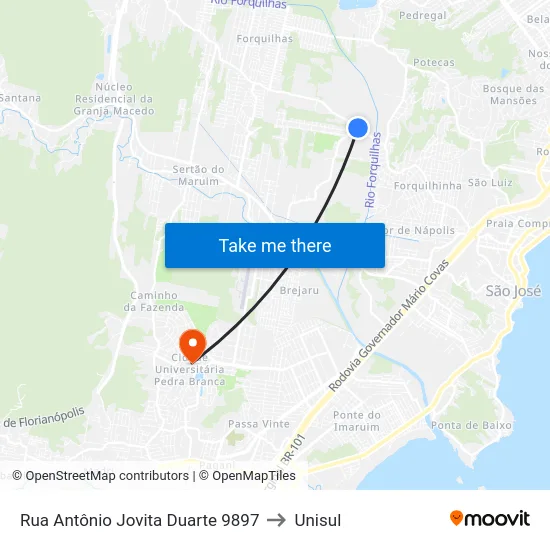 Rua Antônio Jovita Duarte 9897 to Unisul map