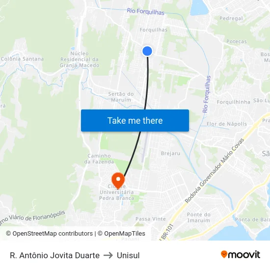 R. Antônio Jovita Duarte to Unisul map