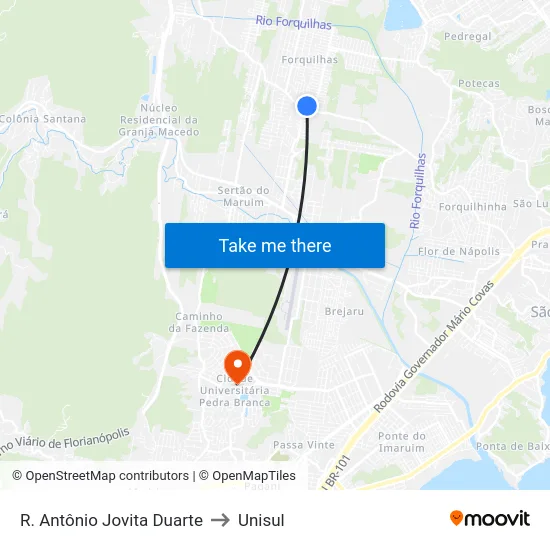R. Antônio Jovita Duarte to Unisul map