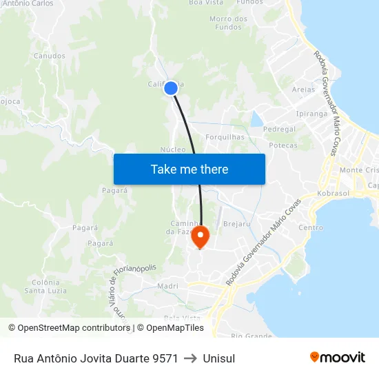 Rua Antônio Jovita Duarte 9571 to Unisul map