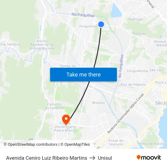Avenida Ceniro Luiz Ribeiro Martins to Unisul map