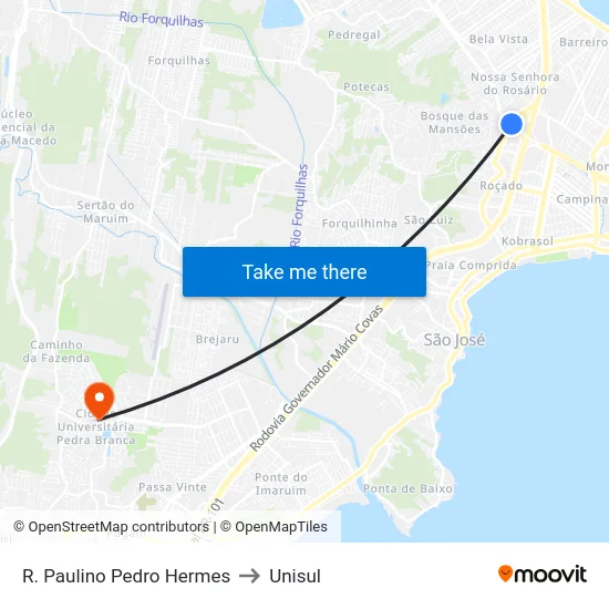 R. Paulino Pedro Hermes to Unisul map